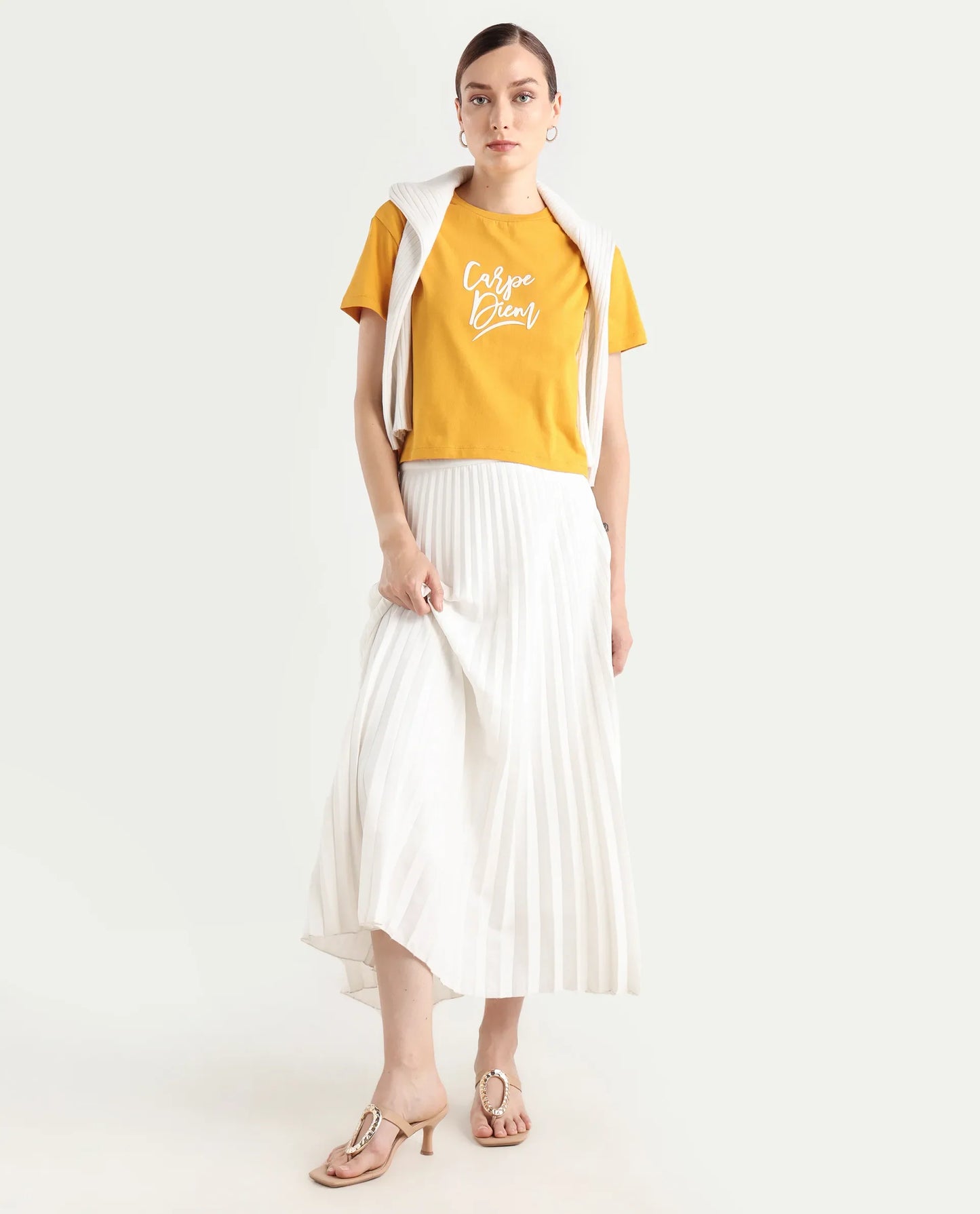 Rareism Women's Ronfel-R Mustard Cotton Regular Typography Print T-Shirt | RAREISM at Broadway