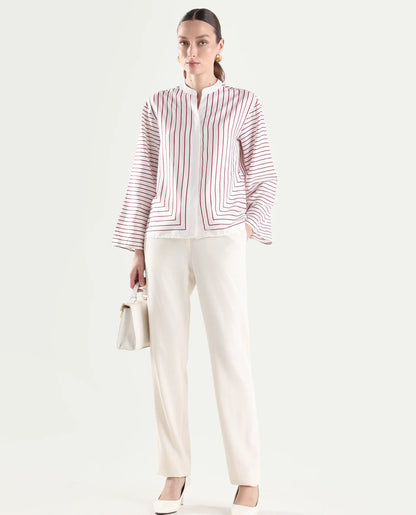 Rareism Women's Janlopo Red Cotton Blend Full Sleeve Mandarin Collar Relaxed Fit Striped Top