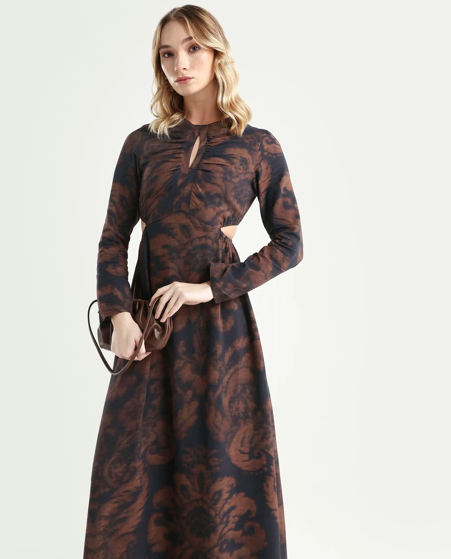 Rareism Women's Azor Dark Brown Viscose Fit & Flare Maxi Dress | RAREISM at Broadway