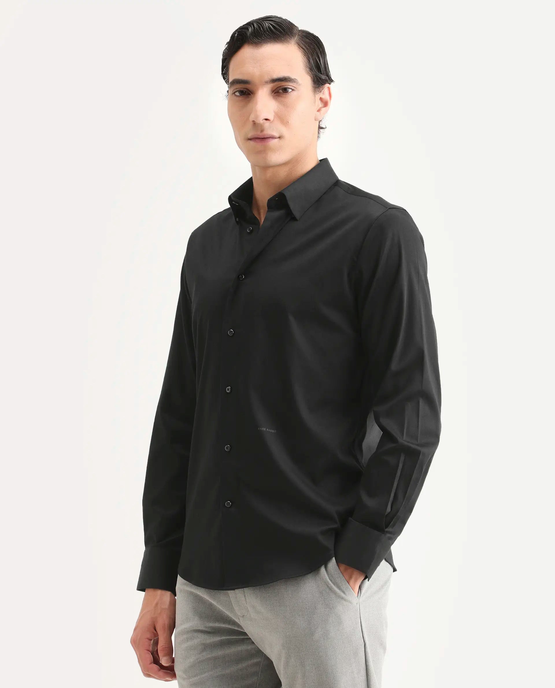Rare Rabbit Men's Como-27 Black Cotton Blend Fabric Full Sleeve Spread Collar Regular Fit Plain Shirt | Rare Rabbit at Broadway