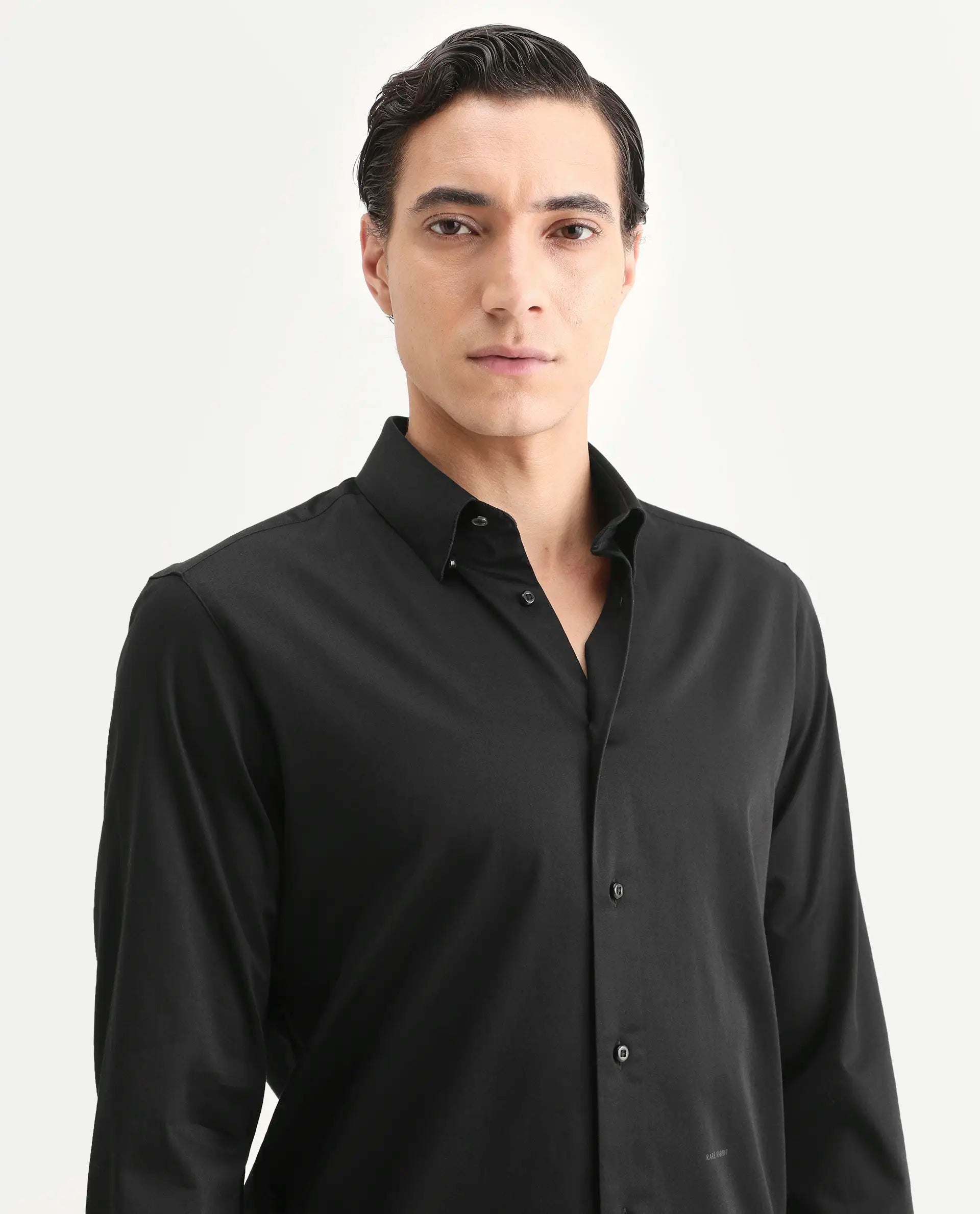 Rare Rabbit Men's Como-27 Black Cotton Blend Fabric Full Sleeve Spread Collar Regular Fit Plain Shirt | Rare Rabbit at Broadway