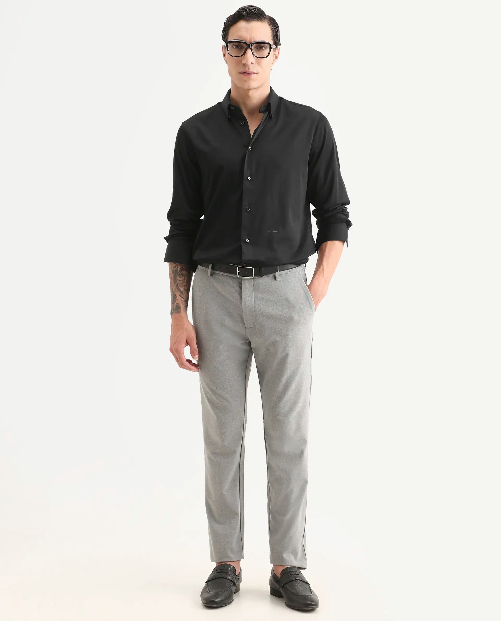 Rare Rabbit Men's Como-27 Black Cotton Blend Fabric Full Sleeve Spread Collar Regular Fit Plain Shirt | Rare Rabbit at Broadway