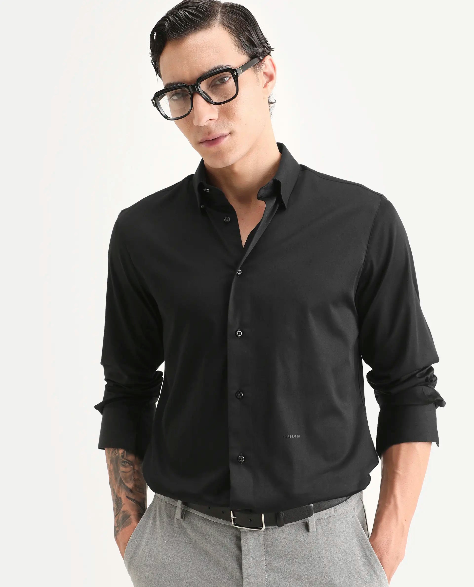 Rare Rabbit Men's Como-27 Black Cotton Blend Fabric Full Sleeve Spread Collar Regular Fit Plain Shirt | Rare Rabbit at Broadway