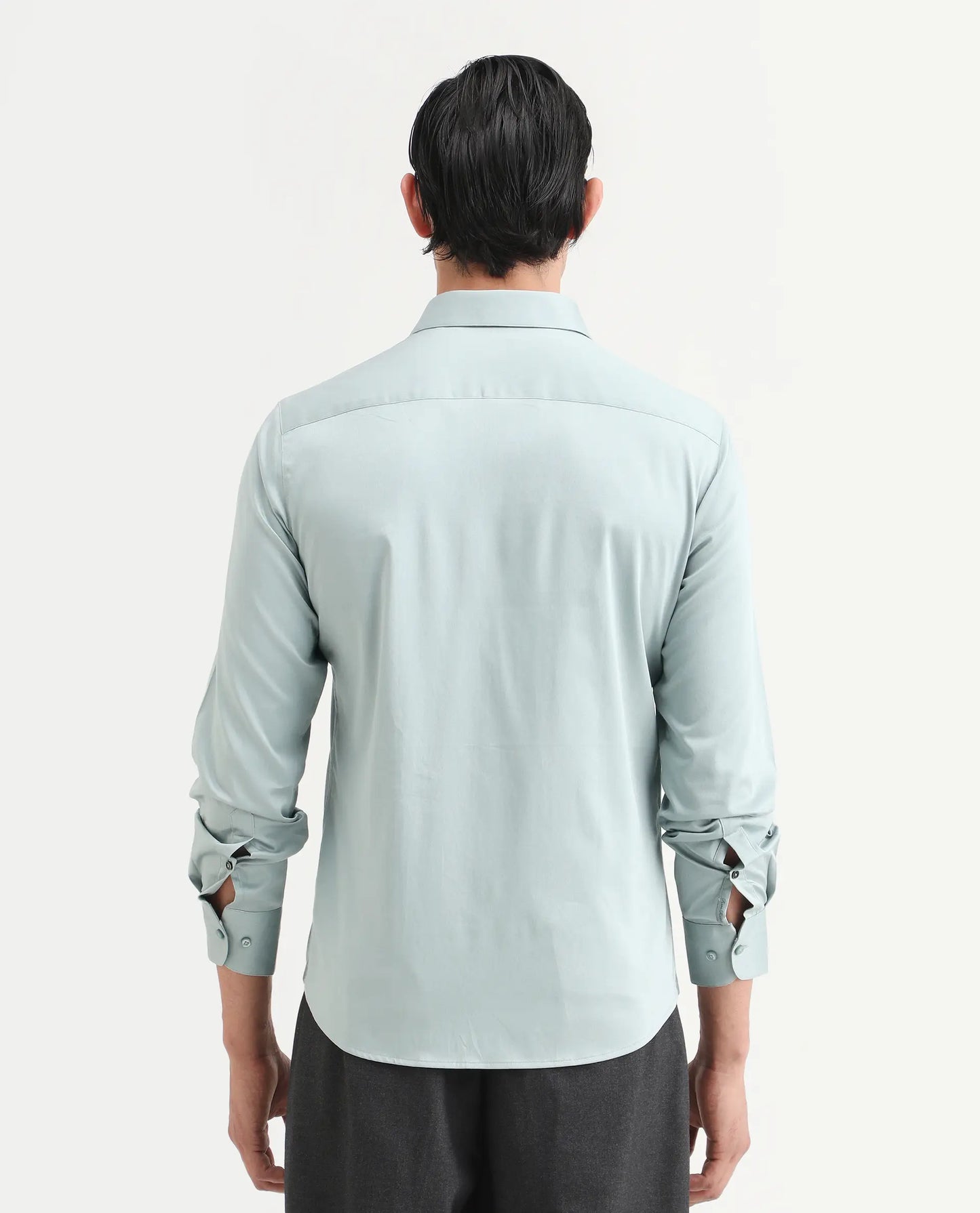 Rare Rabbit Men's Como-27 Dusky Blue Cotton Blend Fabric Full Sleeve Spread Collar Regular Fit Plain Shirt | Rare Rabbit at Broadway