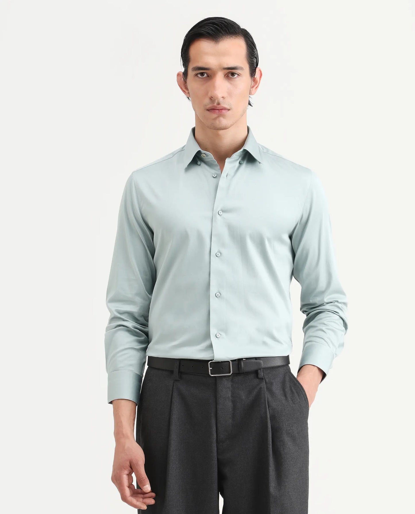 Rare Rabbit Men's Como-27 Dusky Blue Cotton Blend Fabric Full Sleeve Spread Collar Regular Fit Plain Shirt | Rare Rabbit at Broadway