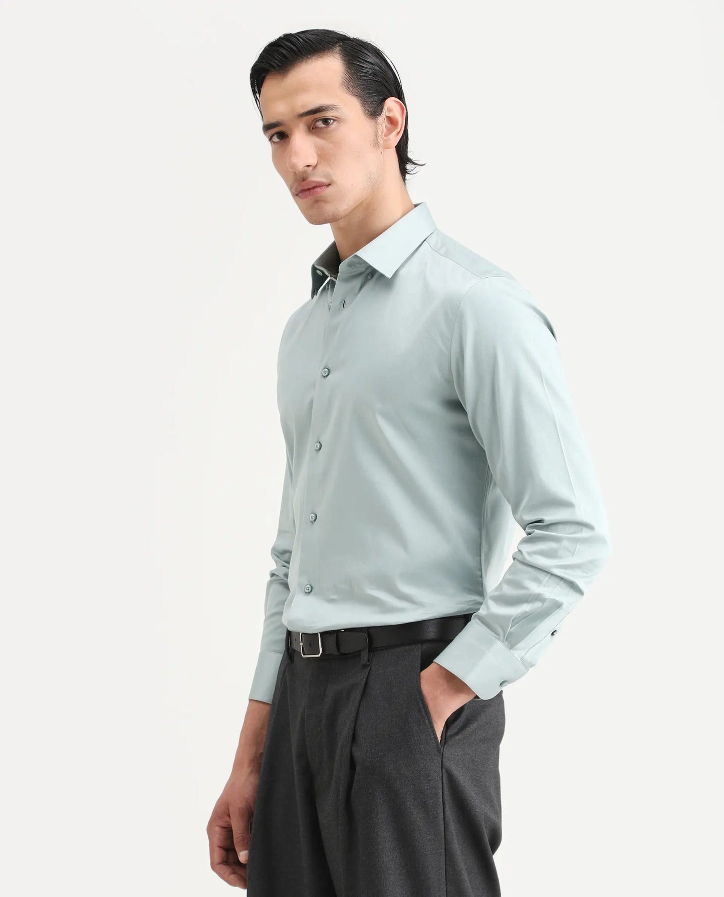 Rare Rabbit Men's Como-27 Dusky Blue Cotton Blend Fabric Full Sleeve Spread Collar Regular Fit Plain Shirt | Rare Rabbit at Broadway