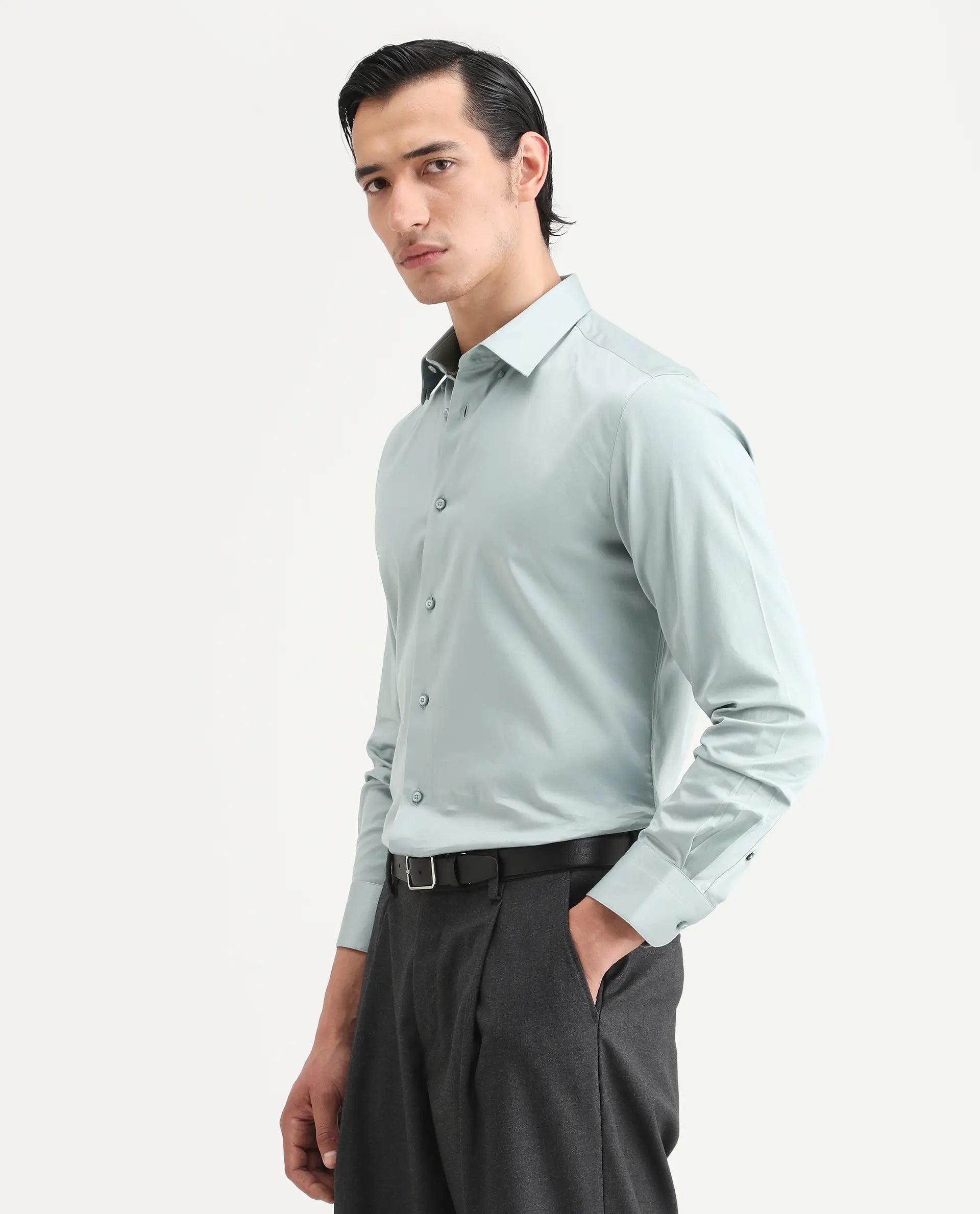 Rare Rabbit Men's Como-27 Dusky Blue Cotton Blend Fabric Full Sleeve Spread Collar Regular Fit Plain Shirt | Rare Rabbit at Broadway