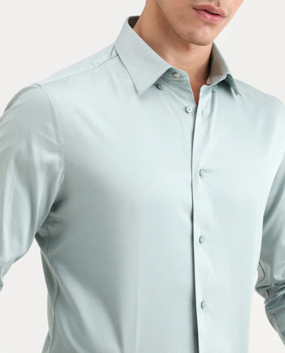 Rare Rabbit Men's Como-27 Dusky Blue Cotton Blend Fabric Full Sleeve Spread Collar Regular Fit Plain Shirt | Rare Rabbit at Broadway