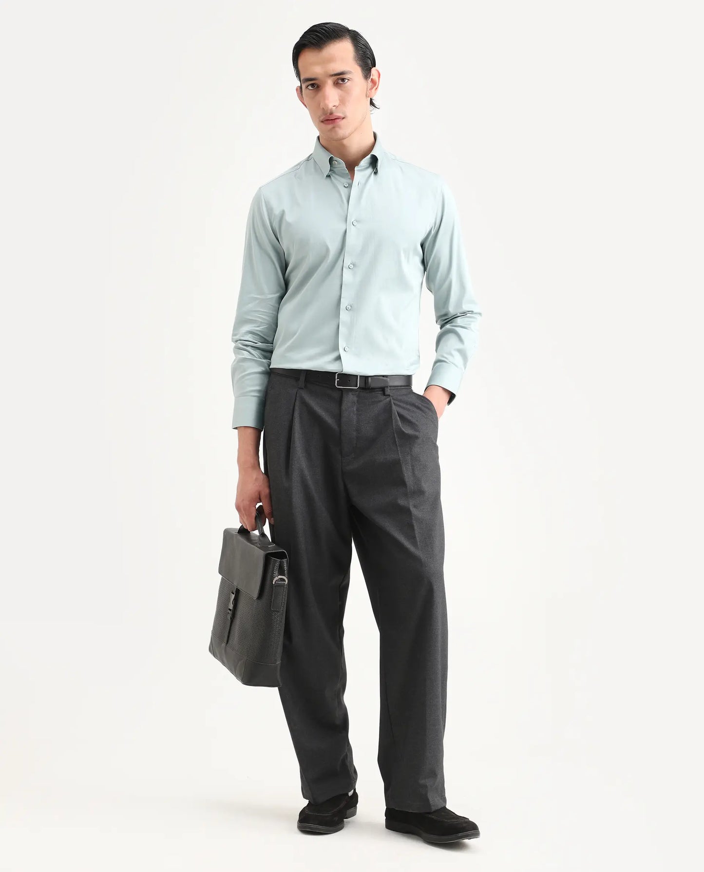 Rare Rabbit Men's Como-27 Dusky Blue Cotton Blend Fabric Full Sleeve Spread Collar Regular Fit Plain Shirt | Rare Rabbit at Broadway