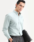 Rare Rabbit Men's Como-27 Dusky Blue Cotton Blend Fabric Full Sleeve Spread Collar Regular Fit Plain Shirt | Rare Rabbit at Broadway