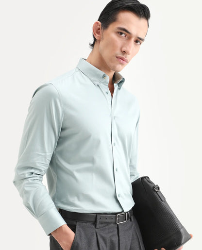 Rare Rabbit Men's Como-27 Dusky Blue Cotton Blend Fabric Full Sleeve Spread Collar Regular Fit Plain Shirt | Rare Rabbit at Broadway