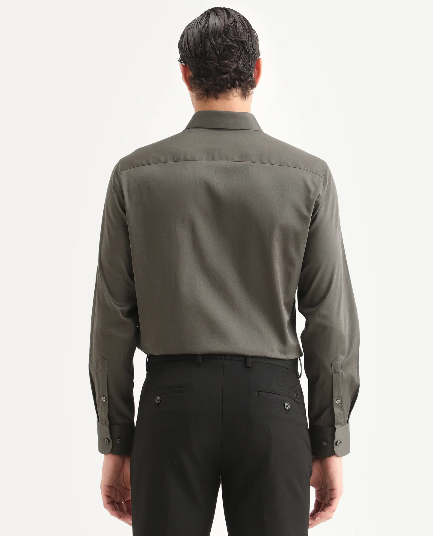 Rare Rabbit Men's Como-27 Dusky Olive Cotton Blend Fabric Full Sleeve Spread Collar Regular Fit Plain Shirt | Rare Rabbit at Broadway
