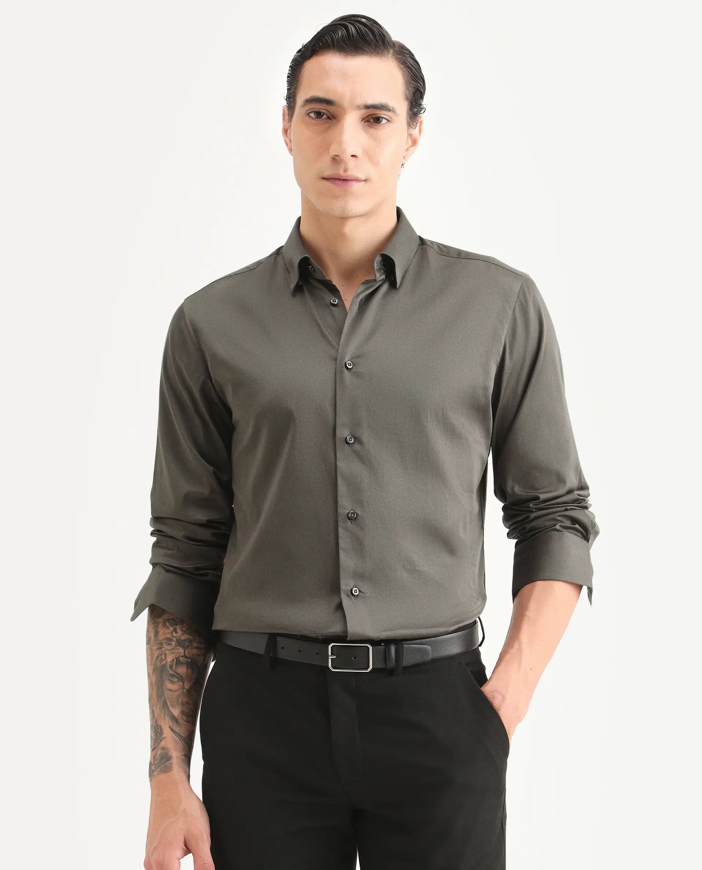 Rare Rabbit Men's Como-27 Dusky Olive Cotton Blend Fabric Full Sleeve Spread Collar Regular Fit Plain Shirt | Rare Rabbit at Broadway