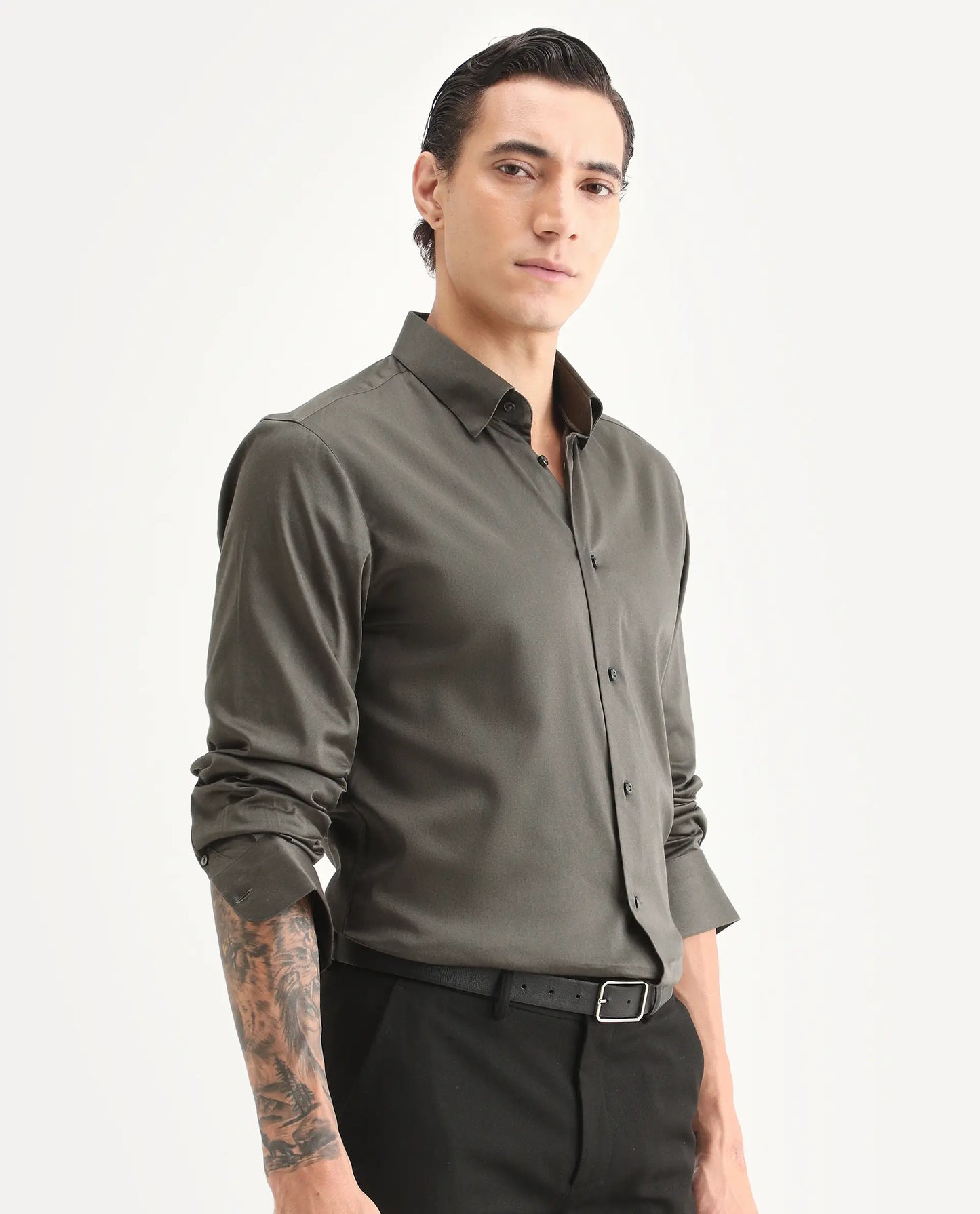 Rare Rabbit Men's Como-27 Dusky Olive Cotton Blend Fabric Full Sleeve Spread Collar Regular Fit Plain Shirt | Rare Rabbit at Broadway