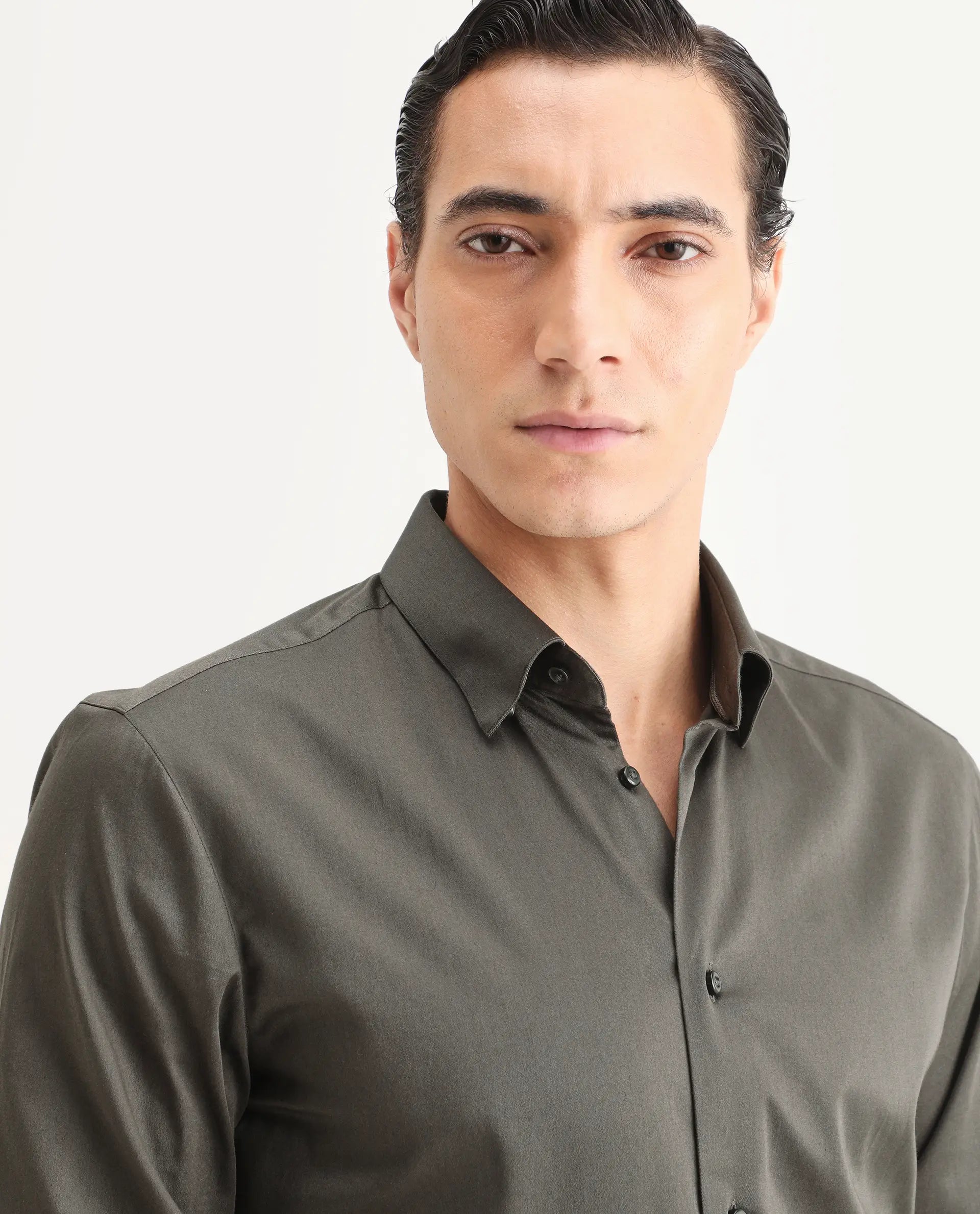 Rare Rabbit Men's Como-27 Dusky Olive Cotton Blend Fabric Full Sleeve Spread Collar Regular Fit Plain Shirt | Rare Rabbit at Broadway