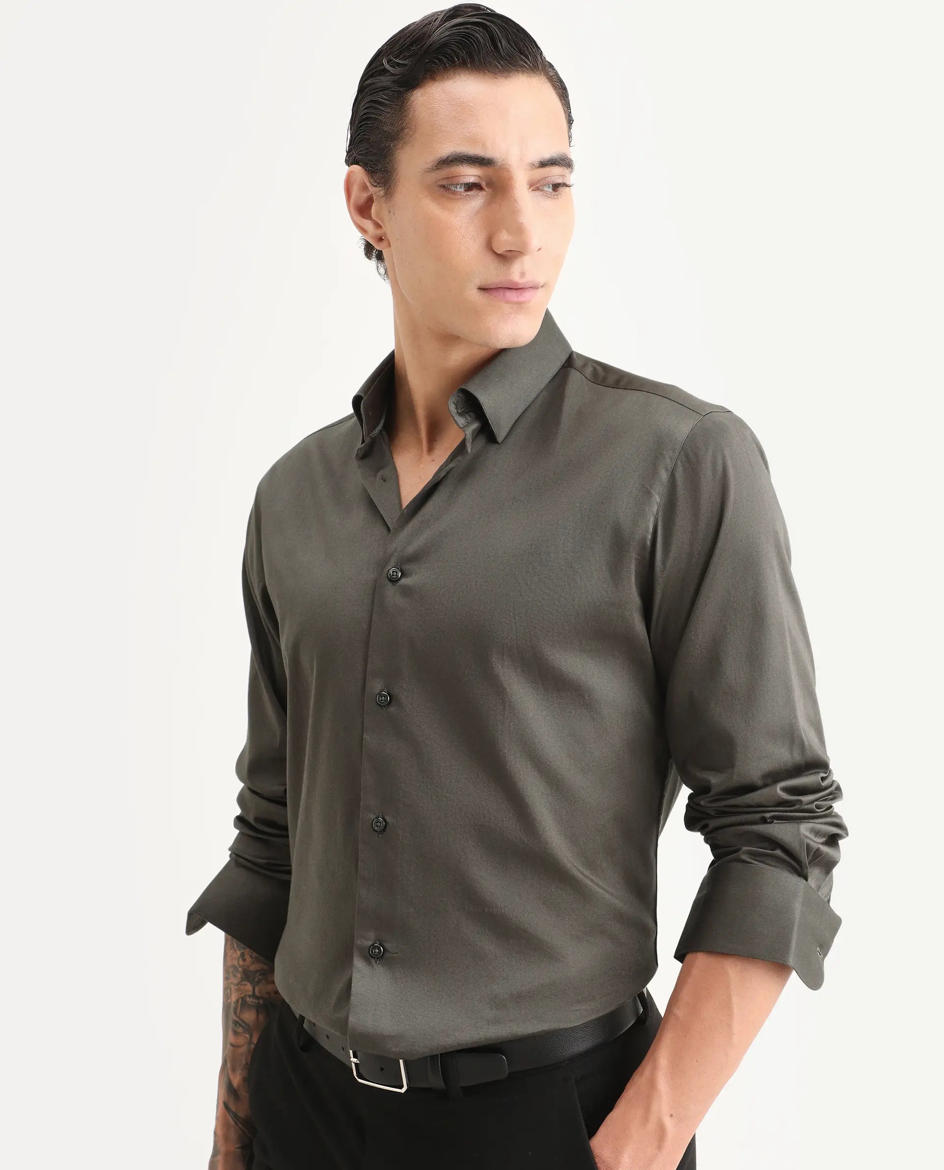 Rare Rabbit Men's Como-27 Dusky Olive Cotton Blend Fabric Full Sleeve Spread Collar Regular Fit Plain Shirt | Rare Rabbit at Broadway