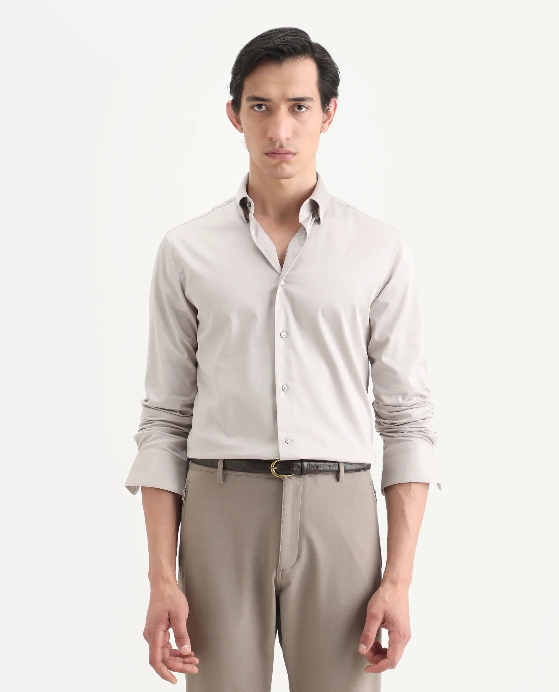 Rare Rabbit Men's Como-27 Dusky Beige Cotton Blend Fabric Full Sleeve Spread Collar Regular Fit Plain Shirt | Rare Rabbit at Broadway