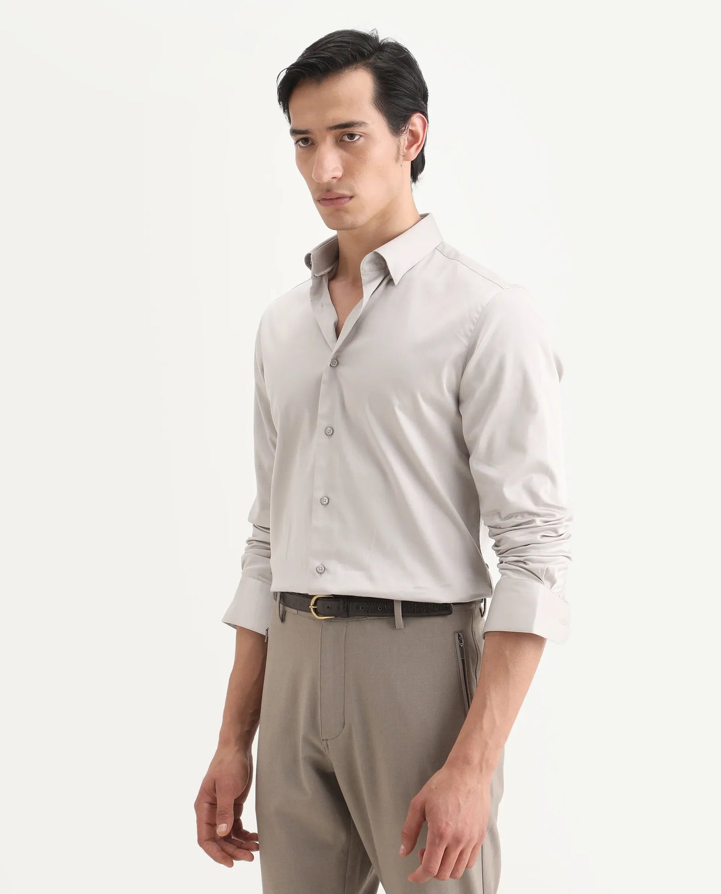 Rare Rabbit Men's Como-27 Dusky Beige Cotton Blend Fabric Full Sleeve Spread Collar Regular Fit Plain Shirt | Rare Rabbit at Broadway