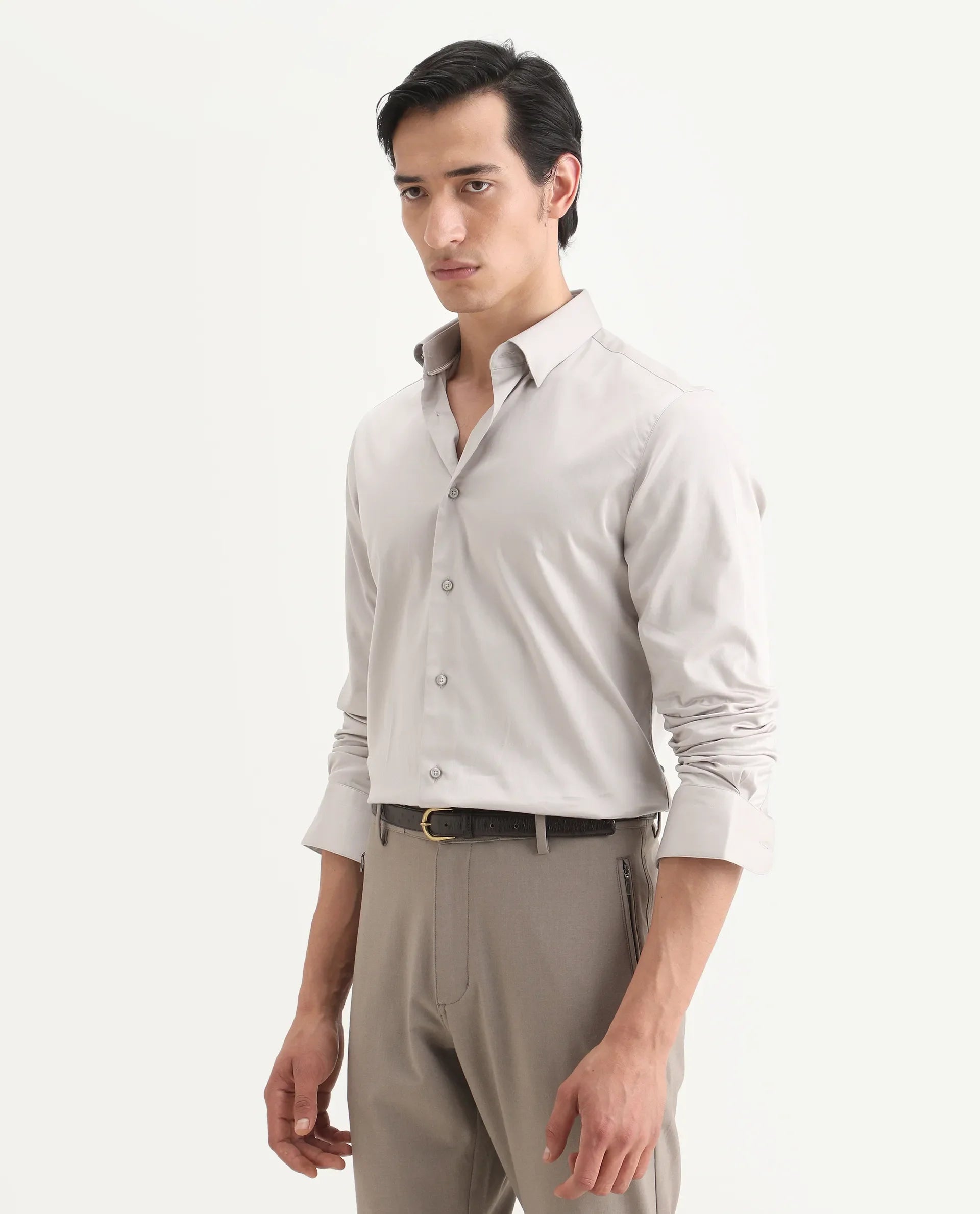 Rare Rabbit Men's Como-27 Dusky Beige Cotton Blend Fabric Full Sleeve Spread Collar Regular Fit Plain Shirt | Rare Rabbit at Broadway