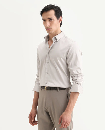 Rare Rabbit Men's Como-27 Dusky Beige Cotton Blend Fabric Full Sleeve Spread Collar Regular Fit Plain Shirt | Rare Rabbit at Broadway