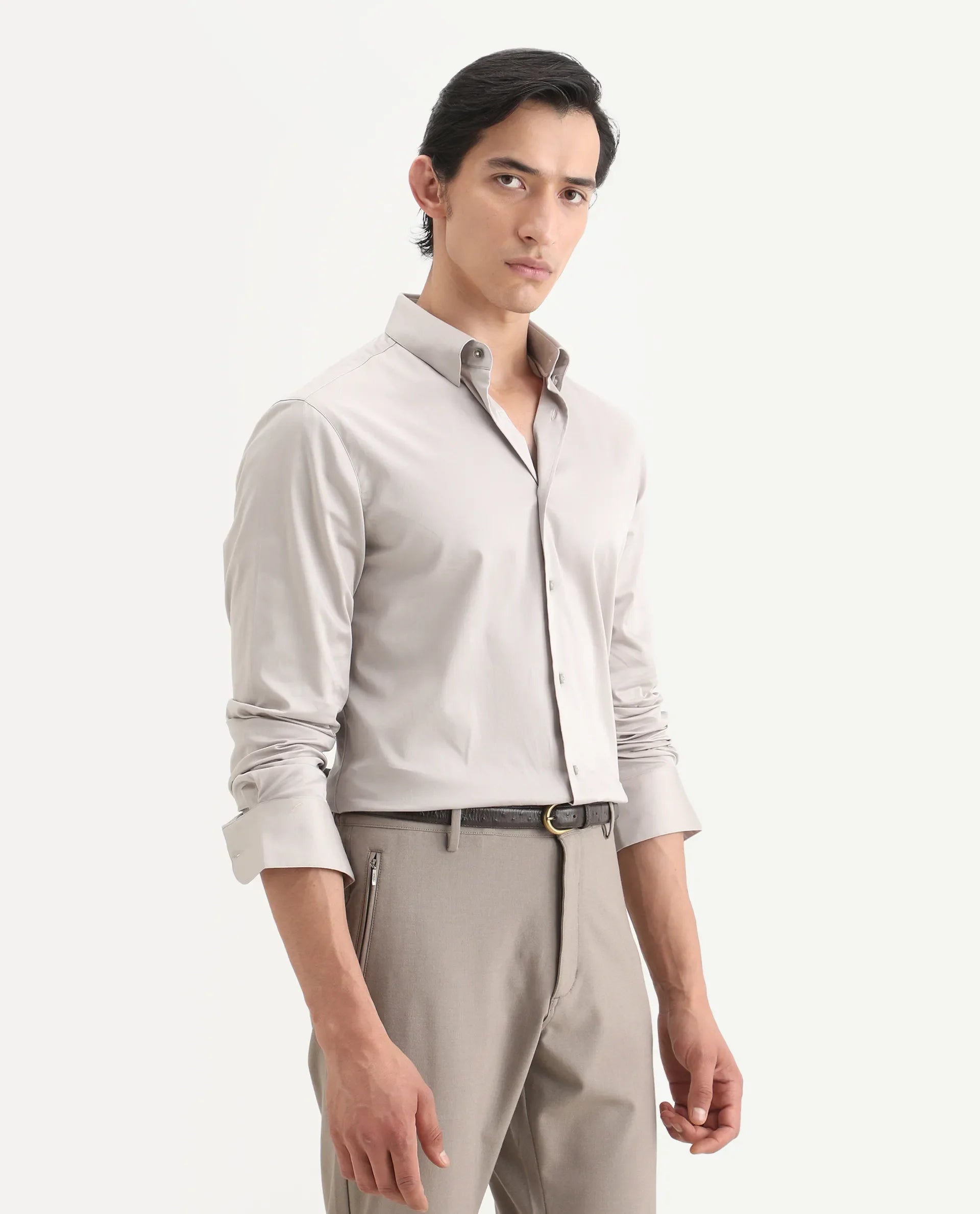 Rare Rabbit Men's Como-27 Dusky Beige Cotton Blend Fabric Full Sleeve Spread Collar Regular Fit Plain Shirt | Rare Rabbit at Broadway