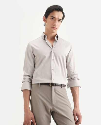 Rare Rabbit Men's Como-27 Dusky Beige Cotton Blend Fabric Full Sleeve Spread Collar Regular Fit Plain Shirt | Rare Rabbit at Broadway