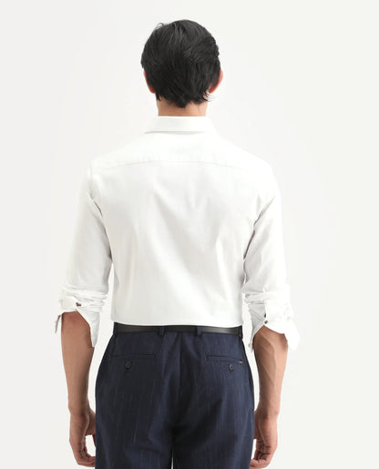 Rare Rabbit Men's Como-27 White Cotton Blend Fabric Full Sleeve Spread Collar Regular Fit Plain Shirt | Rare Rabbit at Broadway