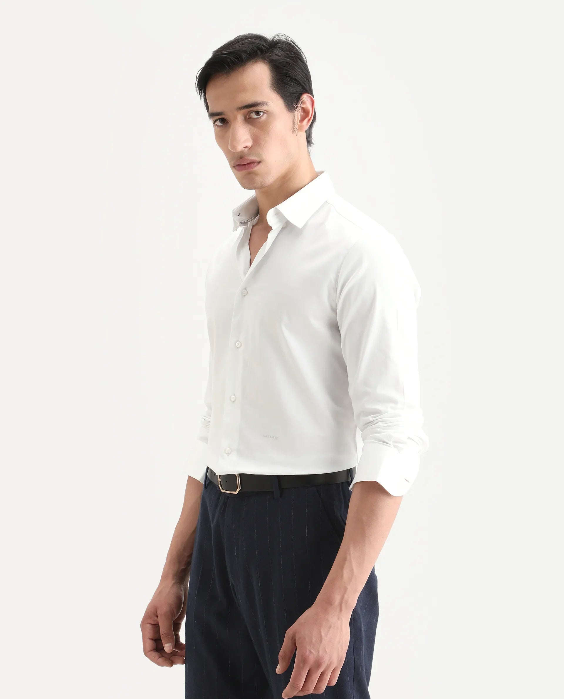 Rare Rabbit Men's Como-27 White Cotton Blend Fabric Full Sleeve Spread Collar Regular Fit Plain Shirt | Rare Rabbit at Broadway