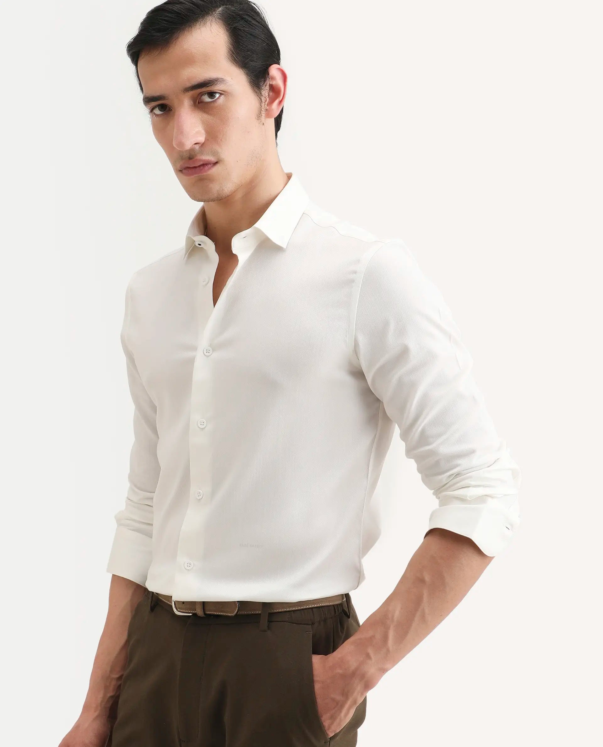Rare Rabbit Men's Mer-Ss26 White Viscose Blend Fabric Full Sleeve Spread Collar Regular Fit Plain Shirt | Rare Rabbit at Broadway