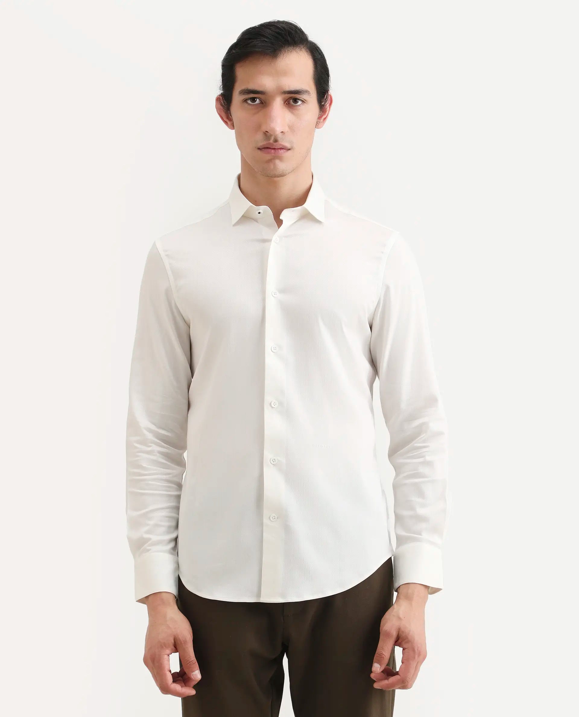 Rare Rabbit Men's Mer-Ss26 White Viscose Blend Fabric Full Sleeve Spread Collar Regular Fit Plain Shirt | Rare Rabbit at Broadway