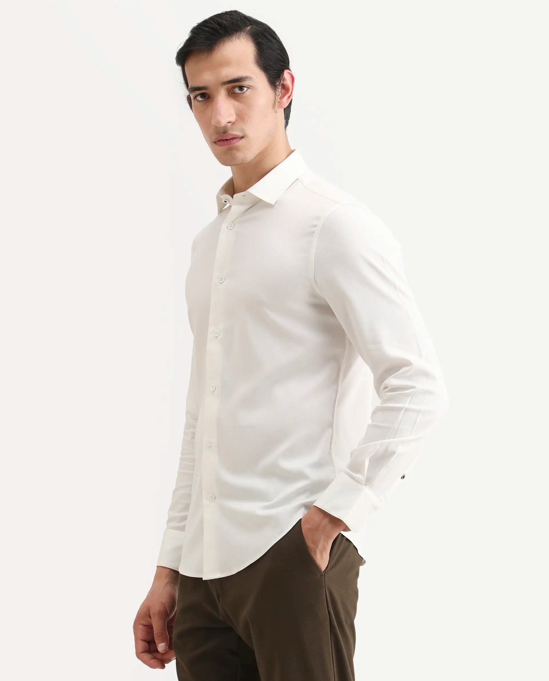 Rare Rabbit Men's Mer-Ss26 White Viscose Blend Fabric Full Sleeve Spread Collar Regular Fit Plain Shirt | Rare Rabbit at Broadway