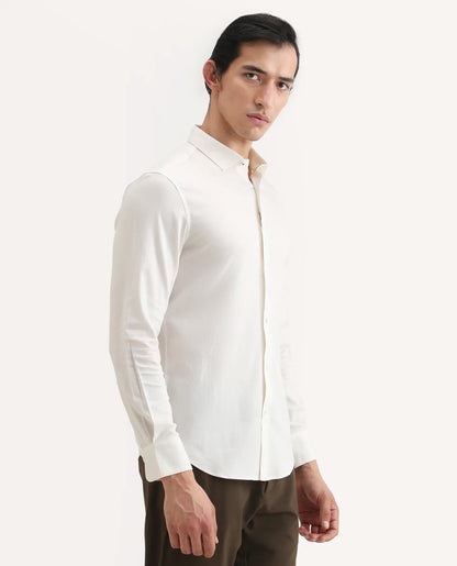 Rare Rabbit Men's Mer-Ss26 White Viscose Blend Fabric Full Sleeve Spread Collar Regular Fit Plain Shirt | Rare Rabbit at Broadway
