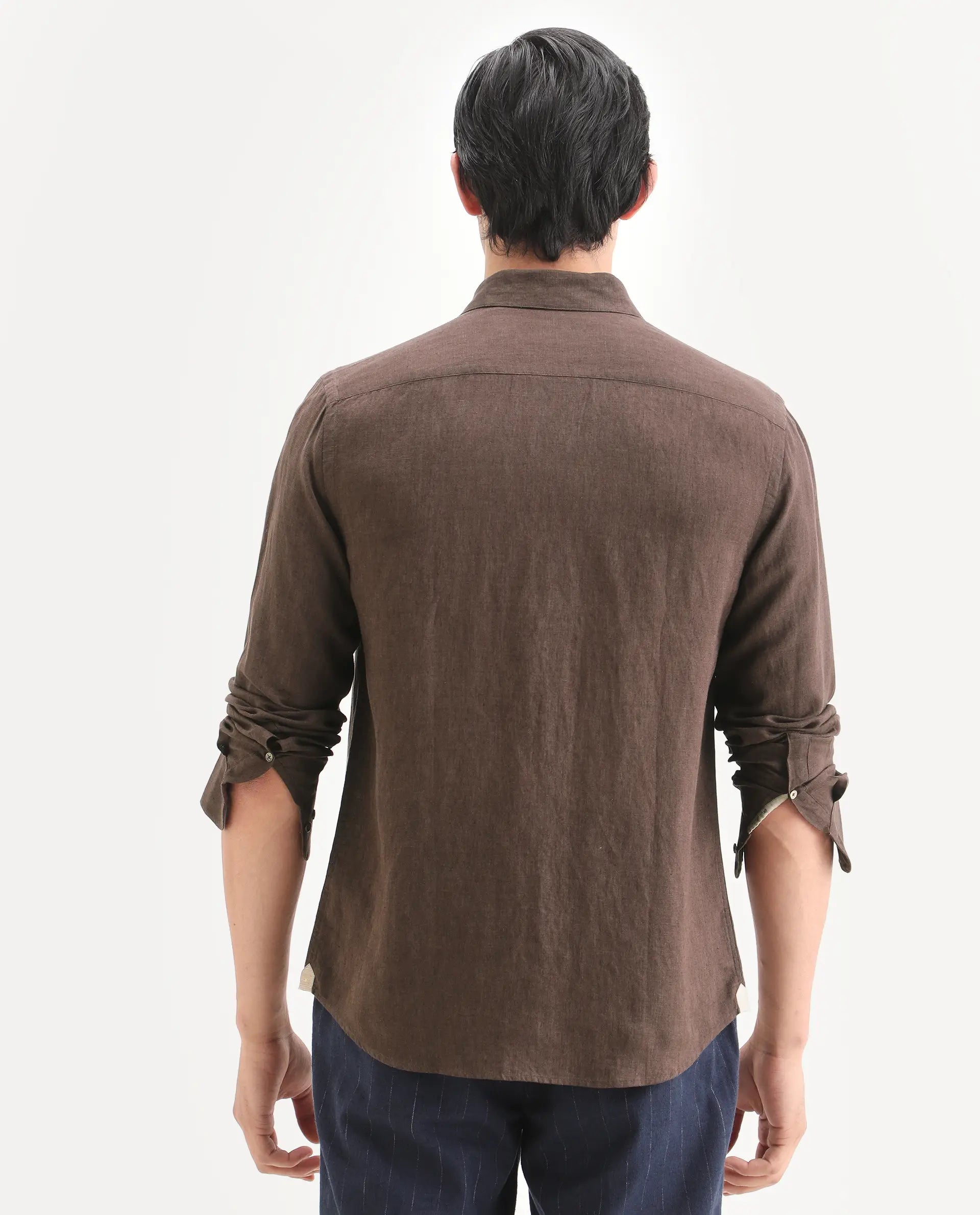 Rare Rabbit Men's Linex Ls Dark Brown Linen Blend Fabric Full Sleeve Spread Collar Regular Fit Plain Shirt | Rare Rabbit at Broadway