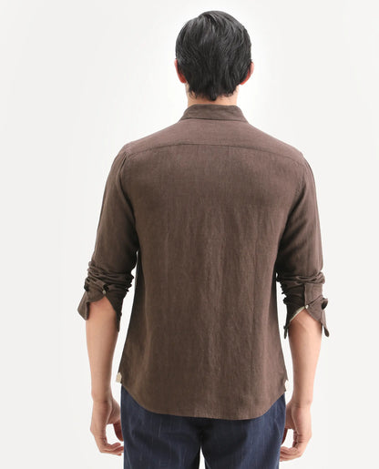 Rare Rabbit Men's Linex Ls Dark Brown Linen Blend Fabric Full Sleeve Spread Collar Regular Fit Plain Shirt | Rare Rabbit at Broadway