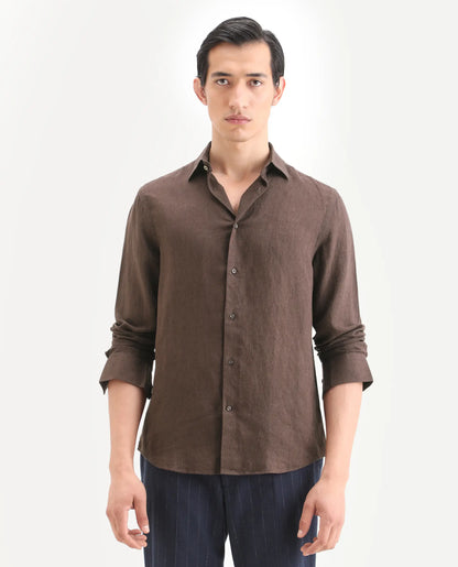 Rare Rabbit Men's Linex Ls Dark Brown Linen Blend Fabric Full Sleeve Spread Collar Regular Fit Plain Shirt | Rare Rabbit at Broadway