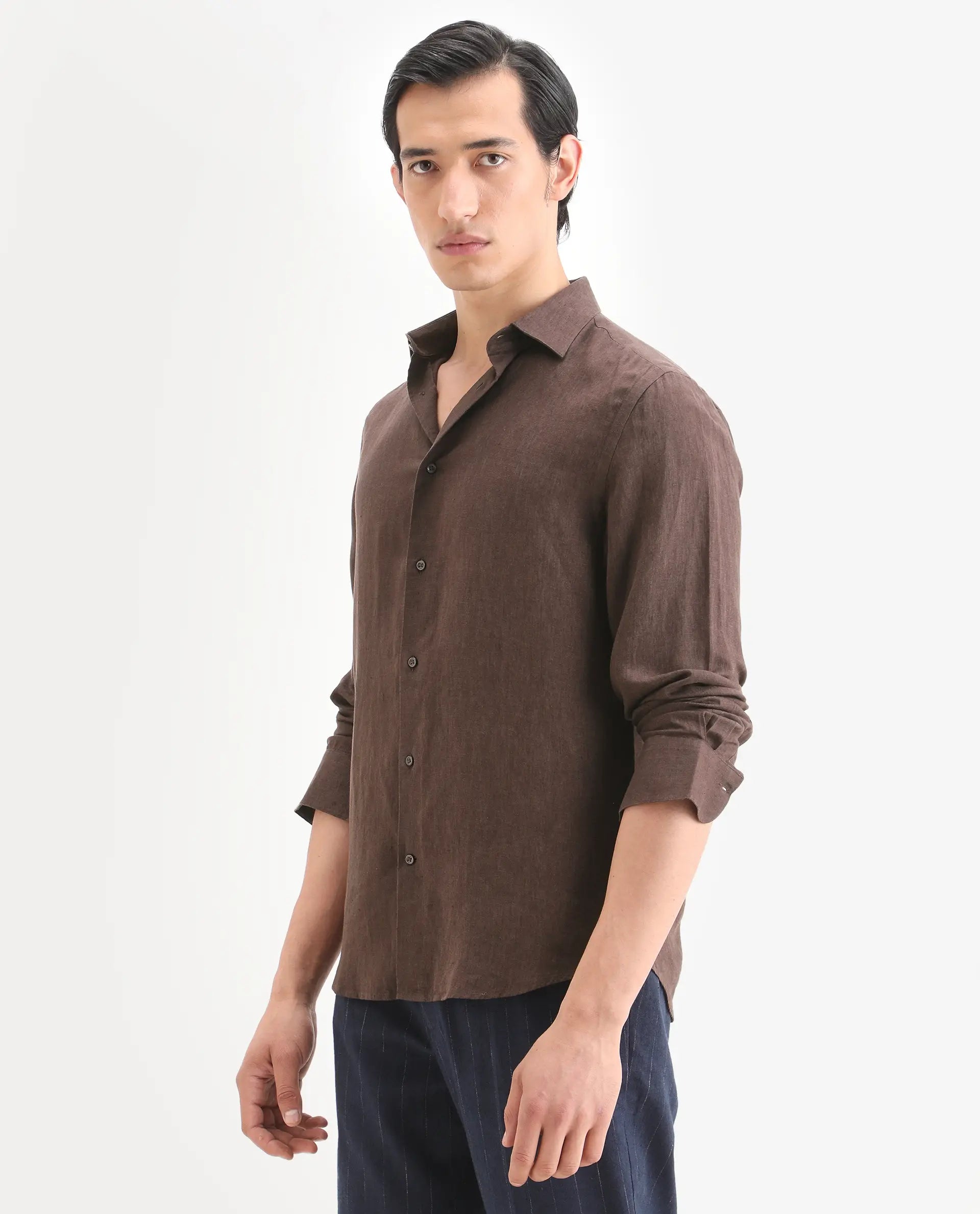 Rare Rabbit Men's Linex Ls Dark Brown Linen Blend Fabric Full Sleeve Spread Collar Regular Fit Plain Shirt | Rare Rabbit at Broadway