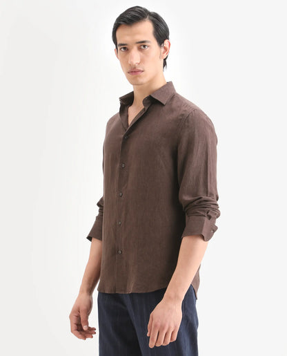 Rare Rabbit Men's Linex Ls Dark Brown Linen Blend Fabric Full Sleeve Spread Collar Regular Fit Plain Shirt | Rare Rabbit at Broadway