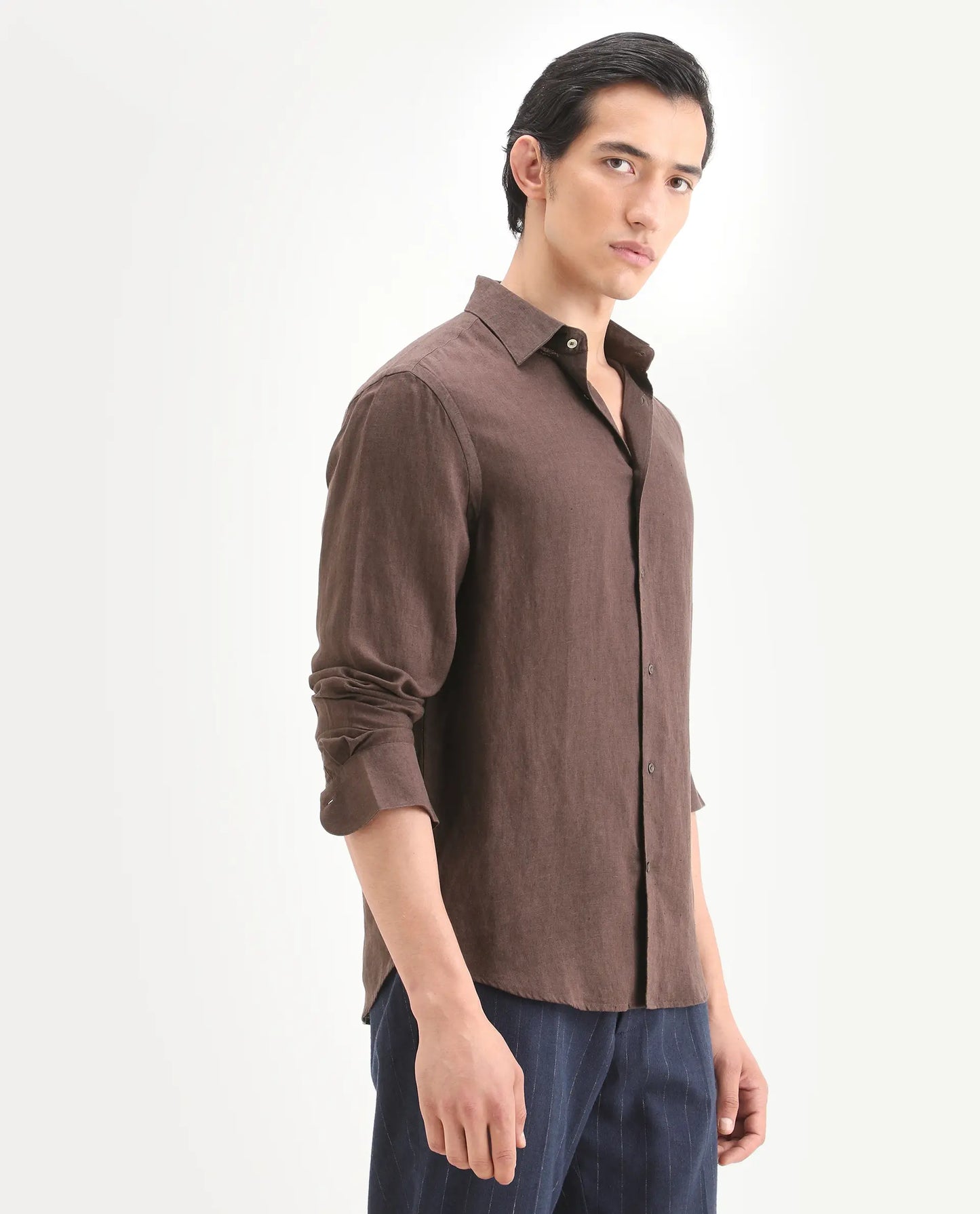 Rare Rabbit Men's Linex Ls Dark Brown Linen Blend Fabric Full Sleeve Spread Collar Regular Fit Plain Shirt | Rare Rabbit at Broadway