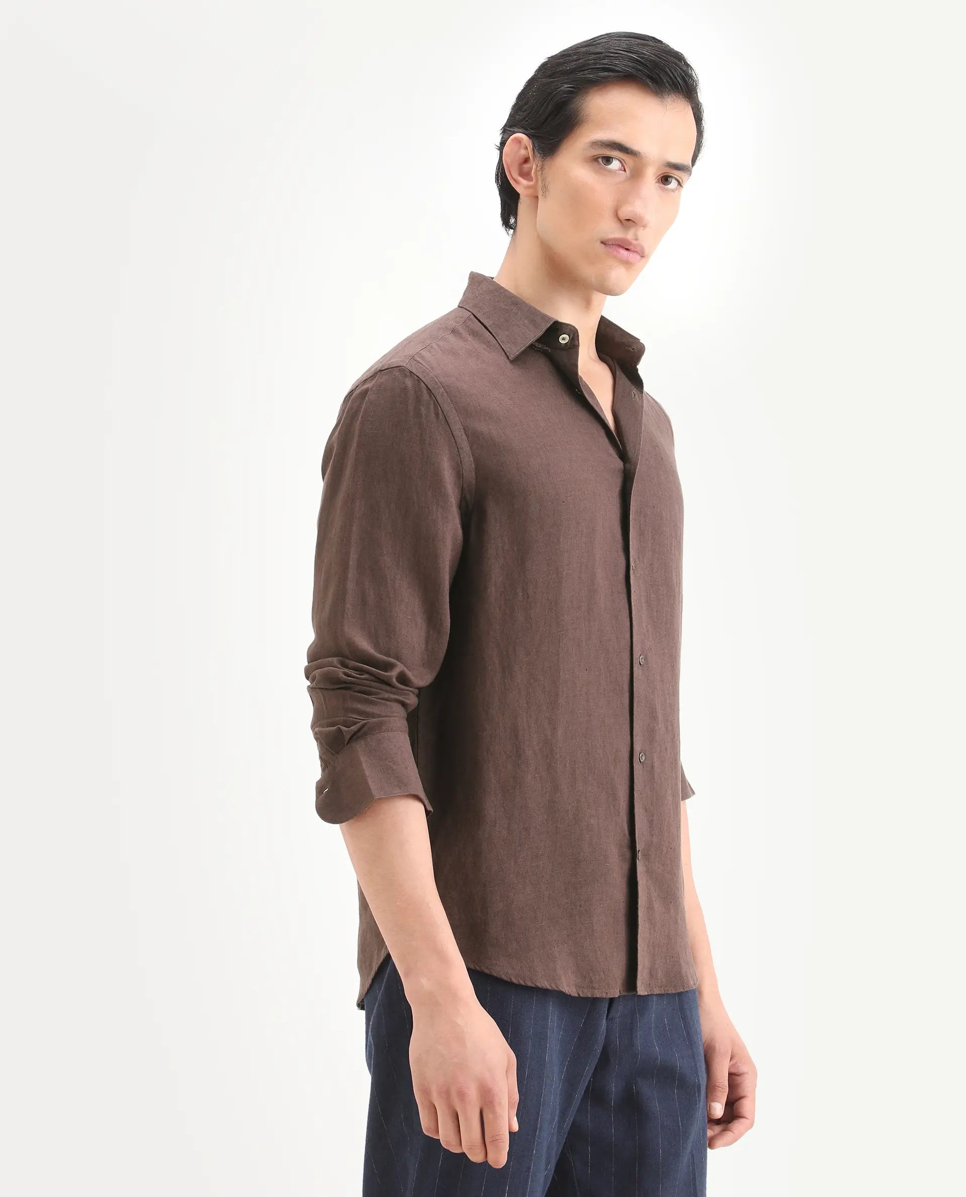 Rare Rabbit Men's Linex Ls Dark Brown Linen Blend Fabric Full Sleeve Spread Collar Regular Fit Plain Shirt | Rare Rabbit at Broadway