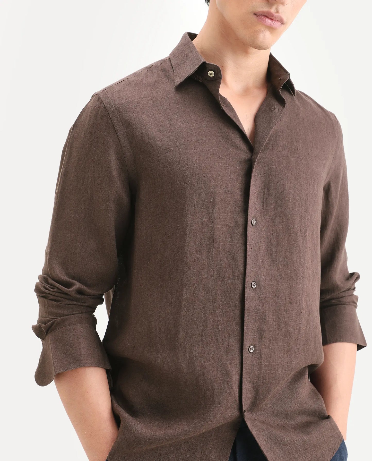 Rare Rabbit Men's Linex Ls Dark Brown Linen Blend Fabric Full Sleeve Spread Collar Regular Fit Plain Shirt | Rare Rabbit at Broadway