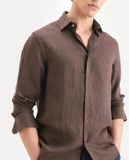 Rare Rabbit Men's Linex Ls Dark Brown Linen Blend Fabric Full Sleeve Spread Collar Regular Fit Plain Shirt | Rare Rabbit at Broadway