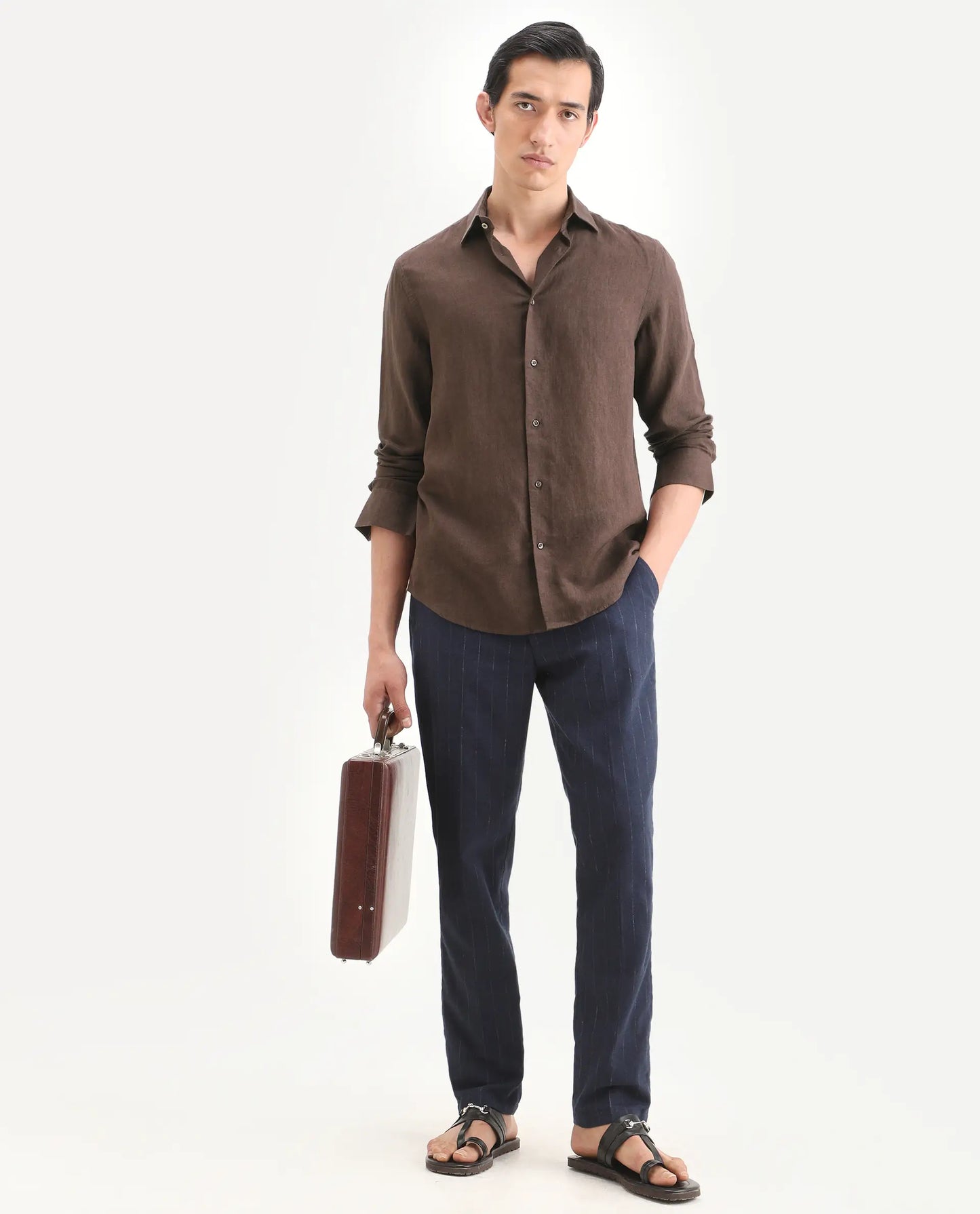 Rare Rabbit Men's Linex Ls Dark Brown Linen Blend Fabric Full Sleeve Spread Collar Regular Fit Plain Shirt | Rare Rabbit at Broadway