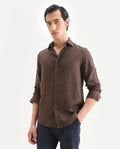 Rare Rabbit Men's Linex Ls Dark Brown Linen Blend Fabric Full Sleeve Spread Collar Regular Fit Plain Shirt | Rare Rabbit at Broadway