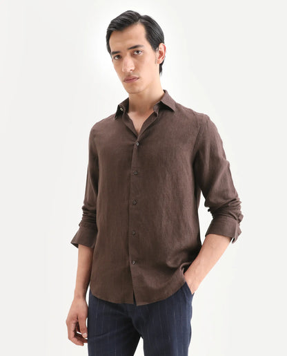 Rare Rabbit Men's Linex Ls Dark Brown Linen Blend Fabric Full Sleeve Spread Collar Regular Fit Plain Shirt | Rare Rabbit at Broadway