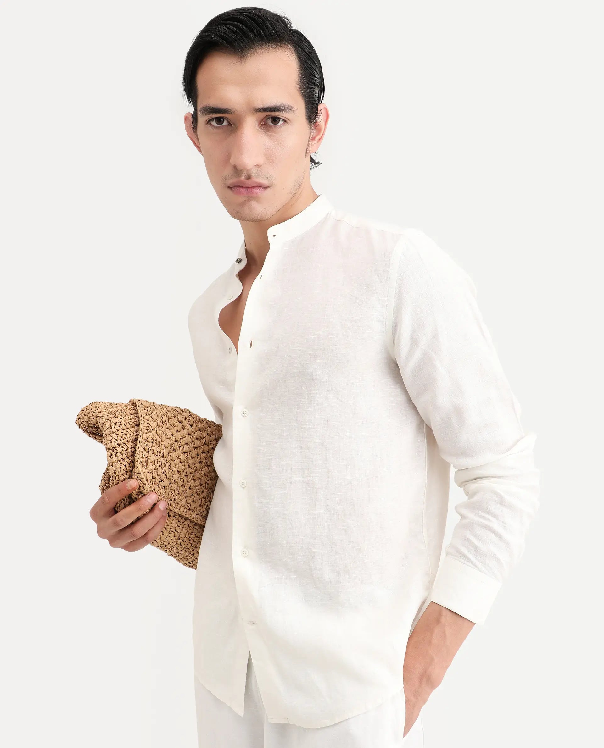 Rare Rabbit Men's Cinex 26 Off White 100% Linen Fabric Full Sleeve Regular Fit Shirt | Rare Rabbit at Broadway