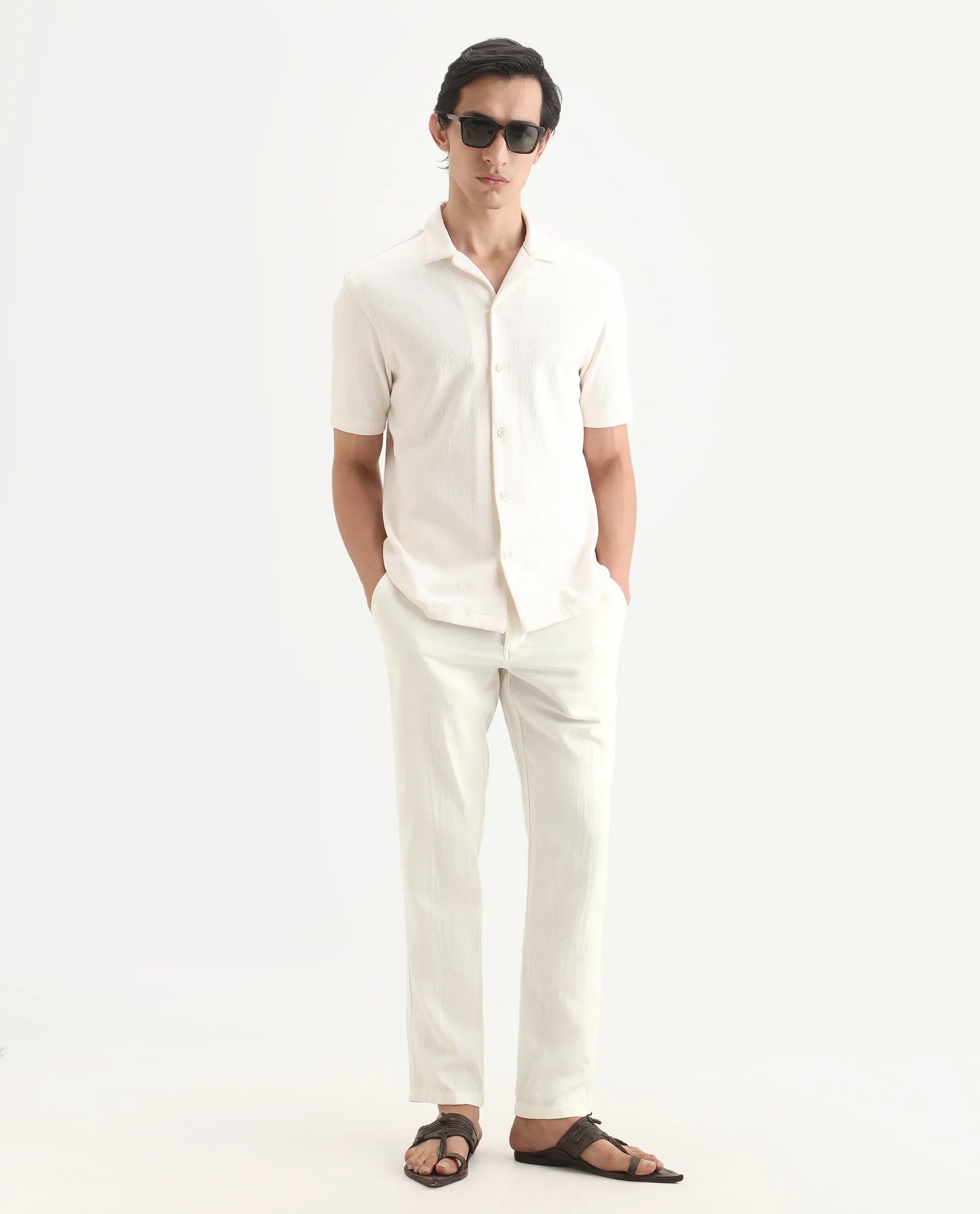 Rare Rabbit Men's Pastor-Ss26 Off White Cotton Fabric Regular Fit Drawstring Plain Trouser | Rare Rabbit at Broadway