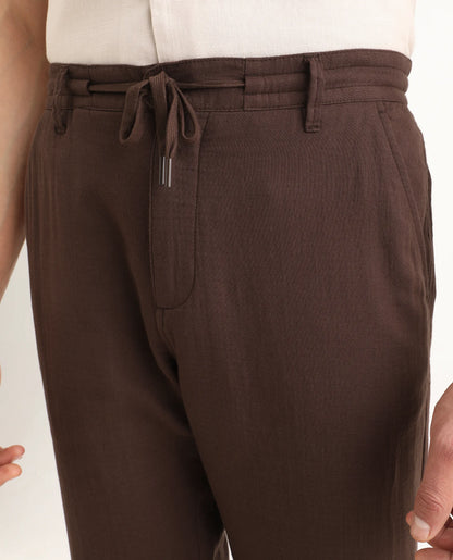 Rare Rabbit Men's Pastor-Ss26 Brown Cotton Fabric Regular Fit Drawstring Plain Trouser | Rare Rabbit at Broadway