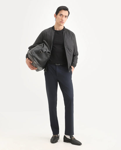 Rare Rabbit Men's Travel-Ss26 Navy Polyester Fabric Button And Zip Closure Closure Plain Trouser | Rare Rabbit at Broadway