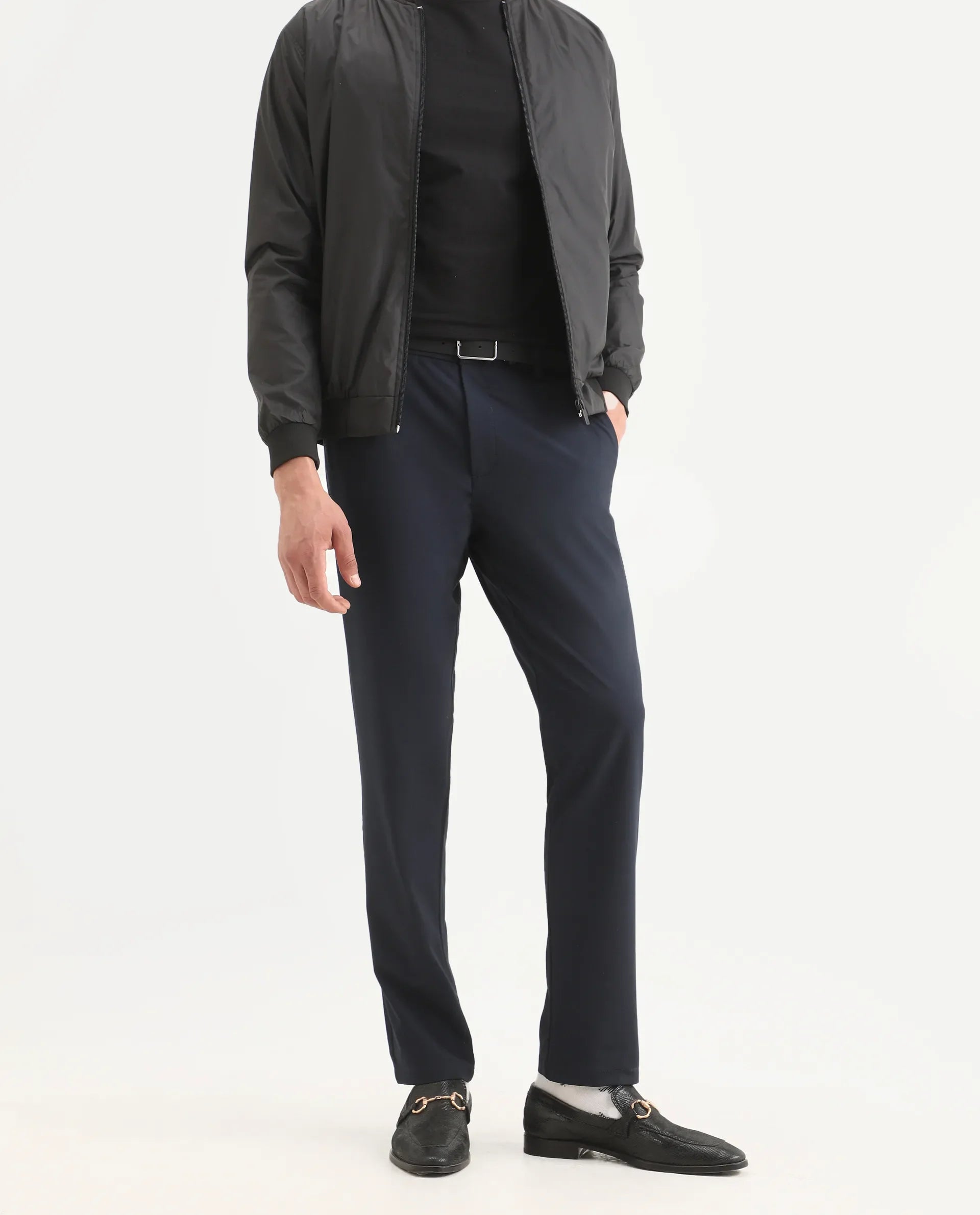 Rare Rabbit Men's Travel-Ss26 Navy Polyester Fabric Button And Zip Closure Closure Plain Trouser | Rare Rabbit at Broadway