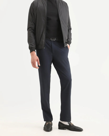 Rare Rabbit Men's Travel-Ss26 Navy Polyester Fabric Button And Zip Closure Closure Plain Trouser | Rare Rabbit at Broadway